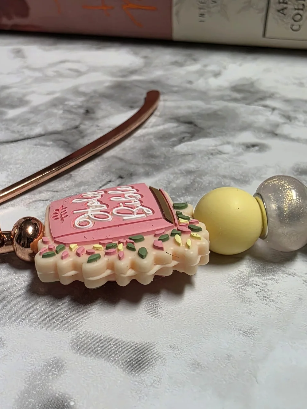 Pink 'Hello Bride' Beaded Bookmark with Green and Yellow Accents
